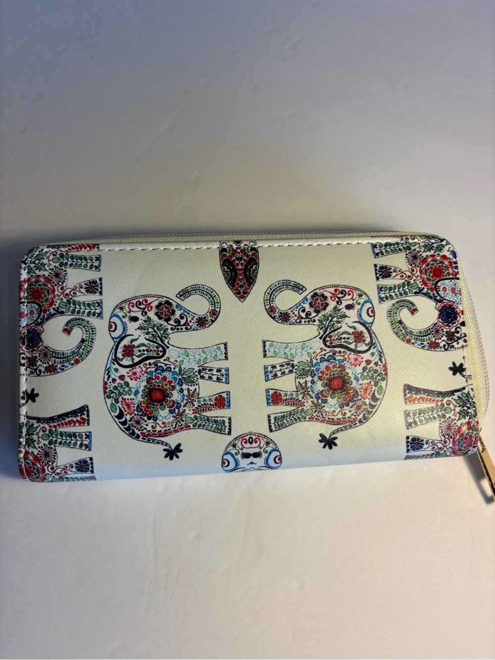 White Zip-Around Wallet with Colorful Floral Elephant Motif